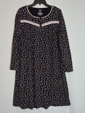 SIMPLY BASIC Black Floral Cotton Flannel Pullover Sleep Gown; Size XL